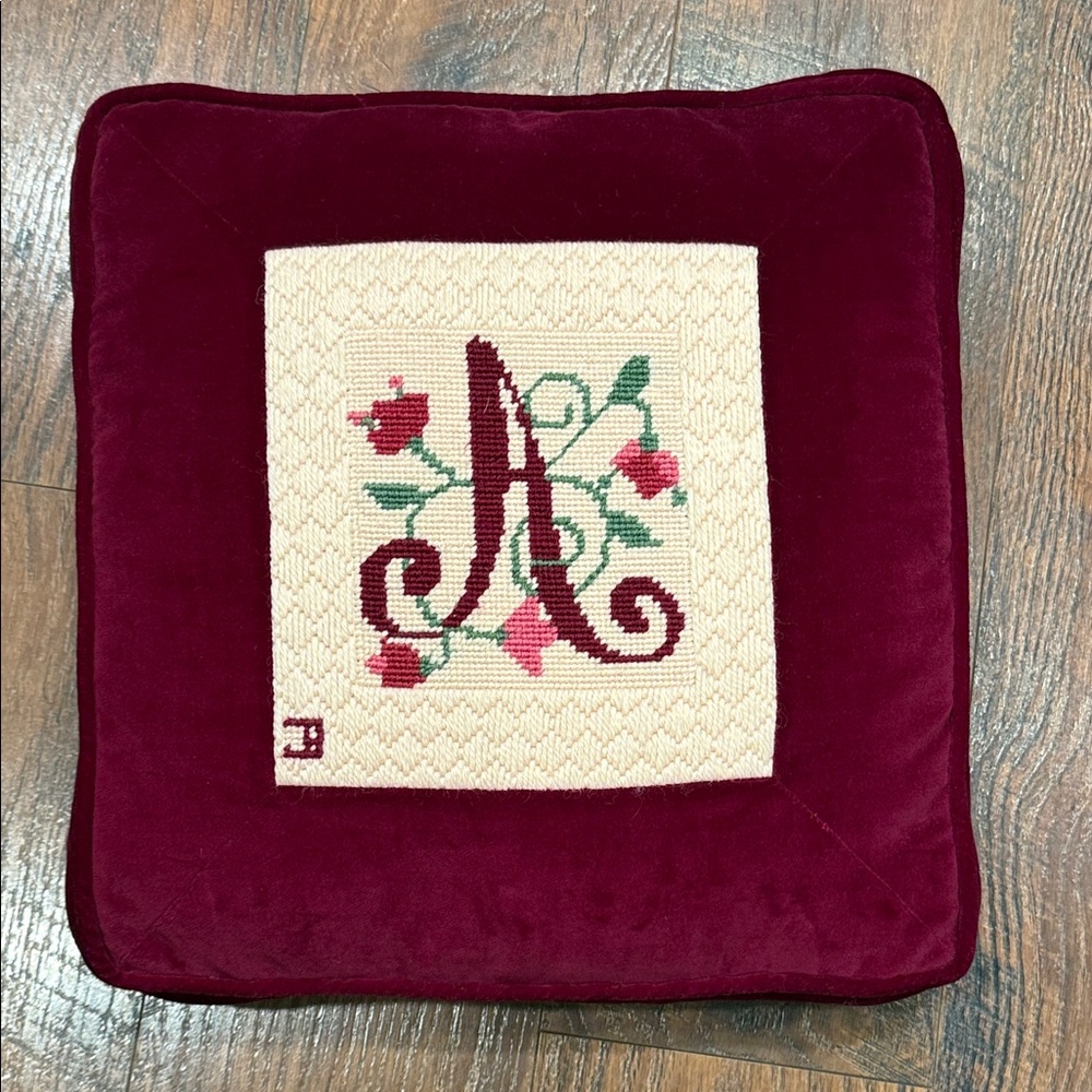 Embroidered Red Velvet Pillow with Floral Design